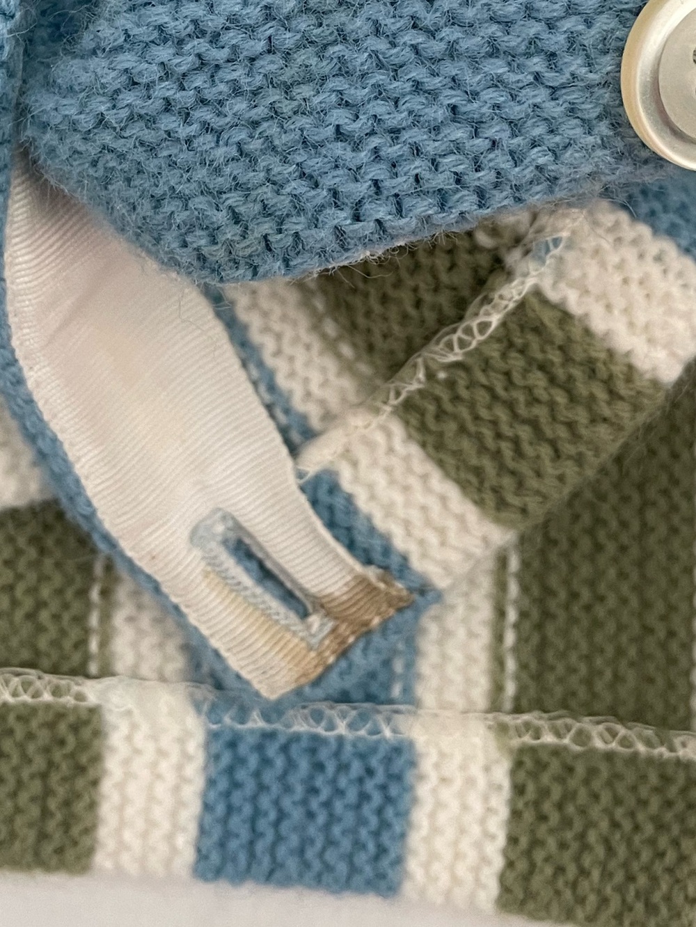 Vintage 60s Striped Crewneck Sweater Cardigan - Blue, Avocado Green & Cream - Picture 7 of 8